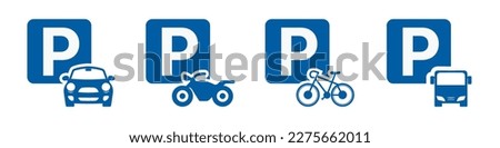 Vector Sets of Parking Lots. Letter P Parking Symbol Sign. Car, Vehicle, motorbike, bicycle, truck, and car parking sign. Vector.