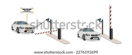 Parking System with Licence Plate Recognition and RFID Concept. Smart LPR Camera Parking System Solutions. Automated License Plate Recognition Parking Lot. Vector.