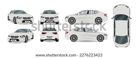 Set of different angles of a white car. View isometric, front, rear, side, and top. Business sedan isolated. Vehicle mockup. Vector.