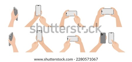 Hand holds the mobile phone in horizontal and vertical positions with blank screen in different positions. Female arm is touching smartphone display with finger. Presenting smartphone Vector.