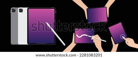 Hands holding blank tablet and using a digital pencil or stylus pen drawing. Hand touching blank screen of tablet computer. The tablet pc designed comes with a pen. Vector.