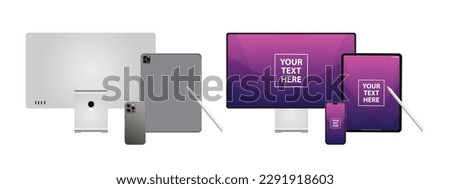 Laptop Computer, Mobile Phone and Tablet PC Mock up. Realistic high-detailed technology devices set.  Vector illustration.