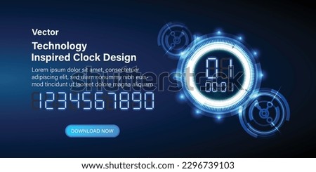 Technology-inspired digital clock design. Futuristic technology background with a clock concept and a time machine. Rotatable clock hands, with dynamic visual effect. Vector.