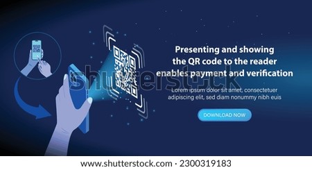 Show QR code on smartphone screen enables payment and verification. Scan QR codes with a mobile smartphone by hand. Present and show QR code to the reader. Vector.