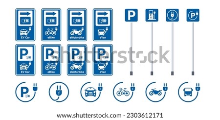 Vector Sets of Electronic Parking Lots, and charging point area. Letter P Parking Symbol Sign for electronic car, vehicle, motorbike, bicycle, truck. Parking for plug zone. Vector.