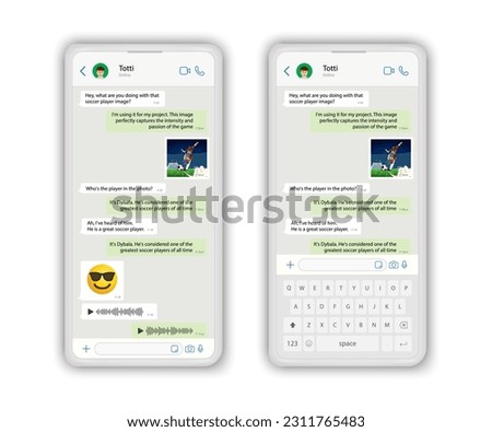 Vector chatting screen in mobile communication illustration. Chat app template. Modern realistic white and black smartphone. Social network concept. Vector.