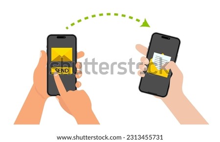 Hand holding a smart phone on the envelope screen and pressing the send button, while a notification appears on the smartphone screen indicating a new message. Vector.