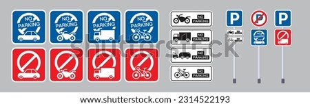 Vector Sets of No Parking Sign Board with Car, Motorbike, Bicycle, Truck. No Parking Sign. No Parking Allowed, Do Not Park Car. No Motor Cars Sign. Parking Not Allowed. Vector.