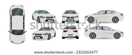 Set of different angles of a white car. View isometric, front, rear, side, and top. Business sedan isolated. Vehicle mockup. Vector.