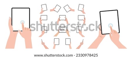 A hand is holding a tablet computer both horizontally and vertically, with a blank screen displayed. The tablet pc is being operated using a finger to touch the blank white screen display, Vector.