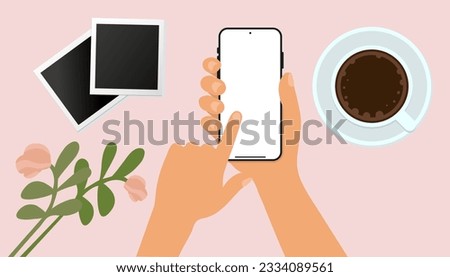 Using smart phone at home, Hand holding phone and searching on internet with a cup of tea. Top view vector illustration.