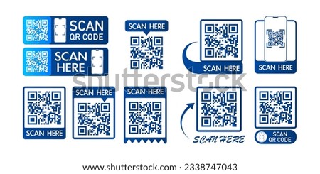 Collection of QR codes with inscription scan here with smart phone. Set of Scan qr code icon. Qr code for payment, mobile app and identification. Vector illustration.