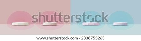 Display podium and stage with blue and pink in circle backdrop. A template for presenting products, special promotions or award ceremony. Vector.