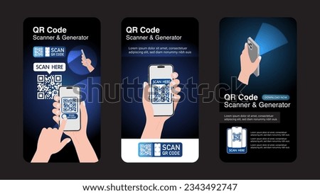 QR Code Scanner and Generator Concept. Social media stories banner advertising for mobile phones held by hand, hand holding smartphone, and presenting QR Code to a machine. Vector.