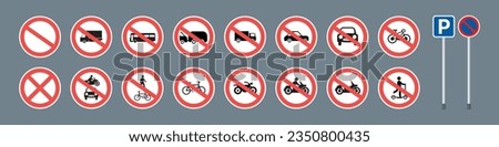 Vector sets of parking bays and no parking sign board guidance. Letter P parking symbol sign for car, vehicle, motorbike, bicycle, scooter and truck. No Parking Allowed, Do Not Park Car. Vector.