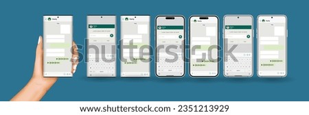 Hand holds the smartphone with messenger application. Mobile phone in man’s hand. Flat vector modern phone mock-up illustration.