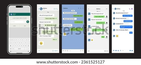 Smart Phone chatting messenger and SMS template bubbles.Vector chatting screen in mobile communication illustration. Chat app template. Modern realistic white and black smartphone. Vector.