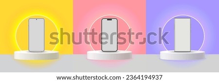 Smart phones on a cylindrical podium, isolated on yellow, pink and purple stages. Different smart phones display on different stands.Products display presentation. Vector illustration.