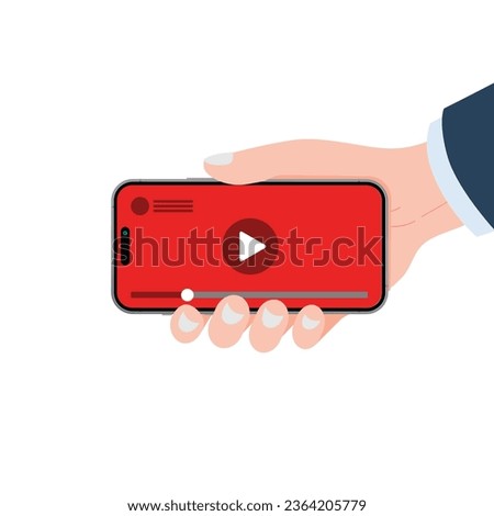 Smart phone mockup in human hand with Video player application. Hand Holding Smartphone with movie player, pause, play and slider button. Vector illustration.