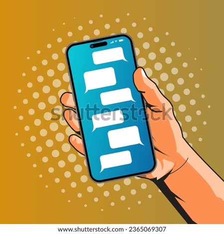 Smart Phone Messaging Pop Art Vector. Smart phone messaging pop art retro vector illustration. Vector chatting screen in mobile communication illustration. Chat app template. Comic book style vector.
