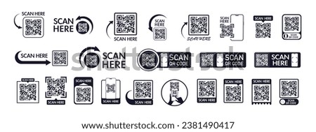 QR code scan icon set for mobile apps and payments. QR code scan for smartphone. Qr code Template scan here QR code for smart phone. Vector illustration.