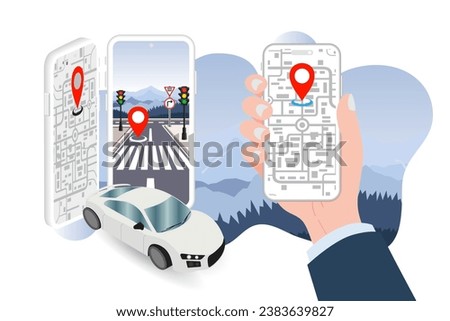 Hand holding a smartphone with an app for a remote connected car-sharing service. The mobile device displays a location mark indicating the presence of a smart electric car in the city. Vector.