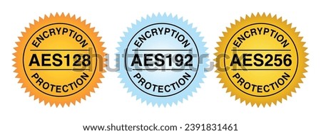 AES128, AES192 and 256 Encryption Protection Badge and Icon, Advanced Encryption Standard. Data encryption and Network Security Connection. Vector.