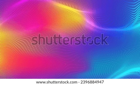 Abstract futuristic vibrant gradient wave with moving dots. Flow of particles with glitch effect. Ideal vector graphics for brochures, flyers, magazines, business cards and banners. Vector.
