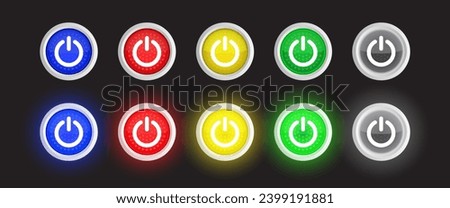 Glowing neon Power button icon isolated on white background. Blue, Red, Yellow, Green and White Color glowing power on or off circle button. Vector Illustration