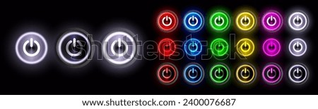 Glowing neon Power button icon isolated on white background. Blue, Red, Yellow, Green, Purple and White Color glowing power on or off circle button. Vector Illustration