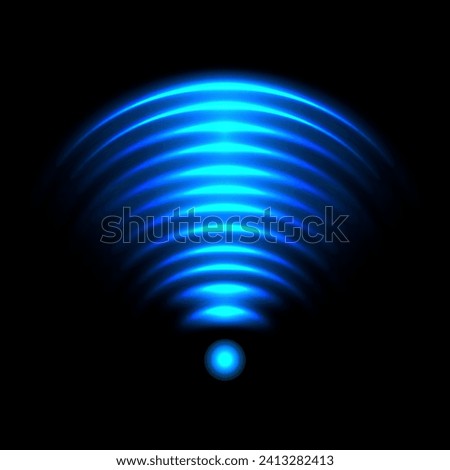 W-Fi connection light effect, blue glowing signal sensor waves internet wireless communication. Futuristic wireless technology digital radar or sonar with glowing light effect. Vector