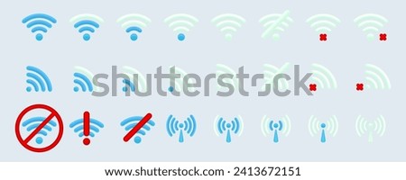 WiFi icon and wi-fi signal strength 3D collection for mobile device. Wireless internet connection collection. No wi-fi, Without wi-fi mobile phone vector. Set of free Wi Fi and hotspot icon. Vector.