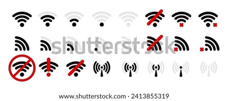WiFi icon and wi-fi icon set. No wifi and without wi-fi. Different levels of Wi Fi signal collection. Wi Fi and hotspot icon. Vector.