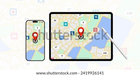 Concept of a responsive GPS navigation app and application designed for tablet, smartphone, and mobile phone with a GPS navigation map displayed on screen. Vector.