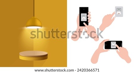 
Concept of smartphone smart home controlled app, Smart lighting,  The flat light bulb and lamp turn on and off using home sutomation tech light switches. smart devices application phone, Wifi. Vector