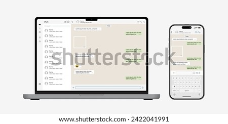 Vector notebook computer and smartphone with messenger application on the screen. Messenger conversation mockup. Messager and SMS UI template and communication in social media network. Vector.