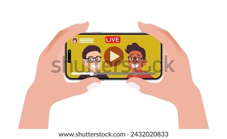 Smartphone mockup in human hand with Video player application. Hand Holding Smartphone with movie player, pause, play and slider button. Vector illustration.