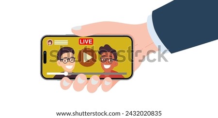 Smartphone mockup in human hand with Video player application. Hand Holding Smartphone with movie player, pause, play and slider button. Vector illustration.