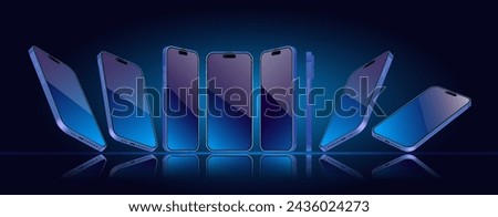 Smartphone mockup in different angles with editable Screen. 3D perspective view mobile phone mockup. Front, perspective side view template. Vector.