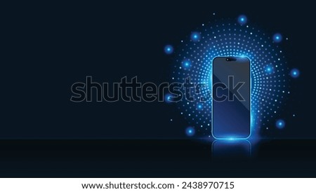 Smartphone with neon small round dots background. Small circle light surrounds cell phone. Abstract digital device interface technology. High tech concept with mobile phone. Vector.