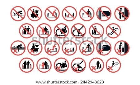Metro, Underground, Subway, MTR, and MRT: Escalator Sign, Escalate Sign, and Warning Vector Set - Simple Prohibit Sign Icons with 'Not Allowed' and 'Warning' Labels. Vector Collection.