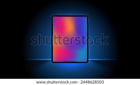 Smart device tablet computer light screen, mobile tab technology display light banner. The smartphone screen glows in the illustrations. Modern tablet vector abstract background