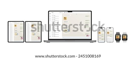 Notebook Computer, Smartwatch, and Smartphone with Messenger Application on the Screen. Messenger Conversation Mockup, Messenger and SMS UI Template, and Communication in Social Media Network. Vector.