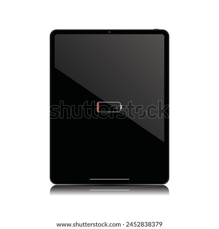 Empty Battery on tablet computer. Tab with No Power Icon on Screen. Pad and Slate Flat Battery Concept. Vector Illustration