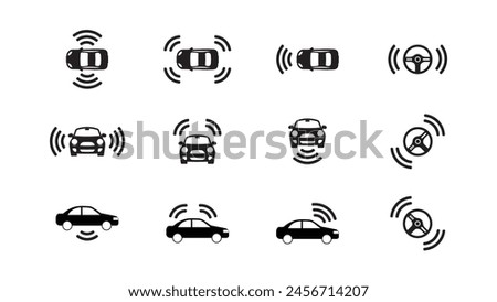 Set of Autonomous Car and Autopilot Icons. Driverless Robotic Vehicles, Smart Driving, Navigation, Eco-Friendly Electric Autos, Smart Sensors, and Distance Icons. Vector.