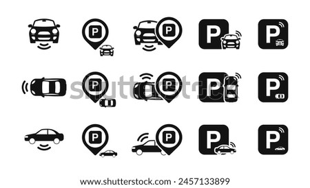 Vehicle Detection, ANPR, ALPR and LPR Car Parking Icon Set: Car Parking Icon, Parking and Traffic Signs Isolated on a White Background, Map Parking Pointer. Vector Illustration.