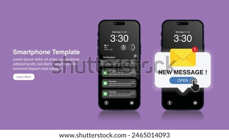 Realistic smartphone mockup with New messages notification concept. New message alert and pop-up. Incoming and open messages and emails. Vector.