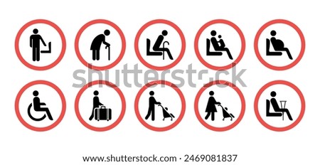 Symbol Priority, Metro and Subway Station Labels: Disabled, Elderly, Pregnant, Old, Child, Wheelchair, Crutches, Disabled Toilet, Luggage, Priority Seating. Vector.