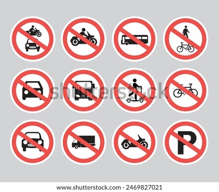 Red Prohibition Vehicles Sign Set. No Motor Bike, No Vehicles, No Bicycles, No Automobiles. Trucks, Buses, Vans, Scooters, Bicycles and Motorcycles Not Allowed. Vector.