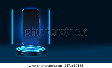 Futuristic Smartphone Levitating on Blue Podium. Smart mobile phone floating in the air with glowing line lamp. Vector.